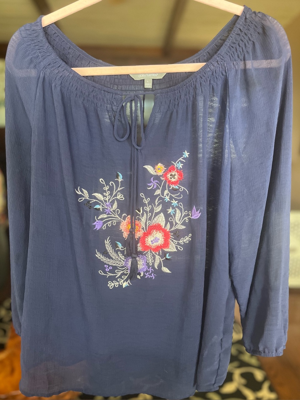 Daisy Fuentes Navy Peasant Blouse with Multicolor Floral Embroidery